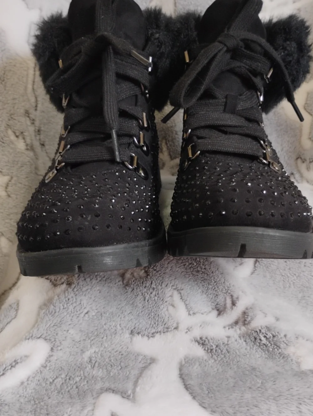 Justice Black Faux-Fur Lace-Up Winter Boots With Studded Accents 8